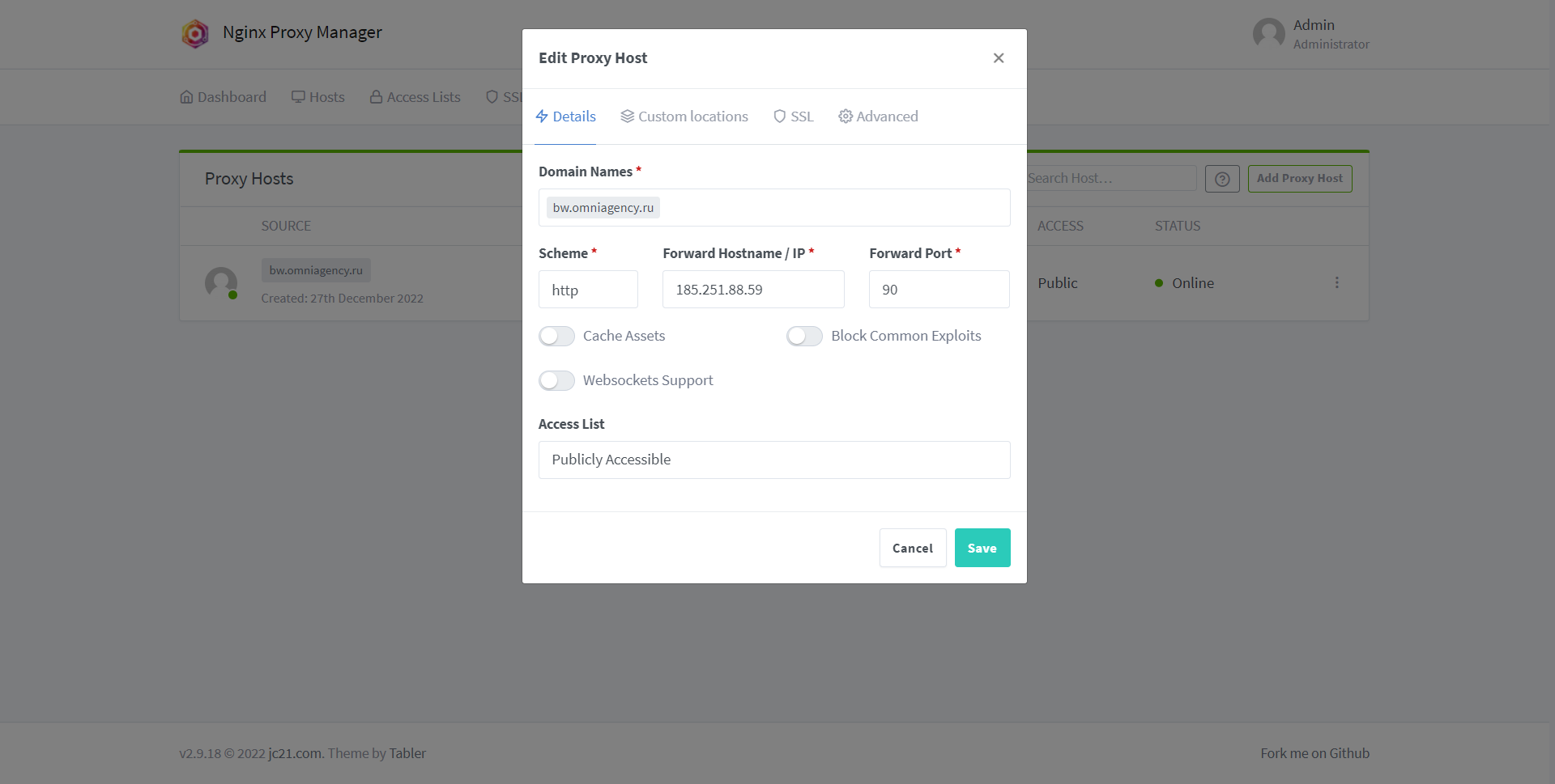 Настройки хоста в Nginx Proxy Manager